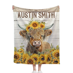 Personalized Name Sunflower Highland Cow Blanket - Gift For Baby Child Family Member