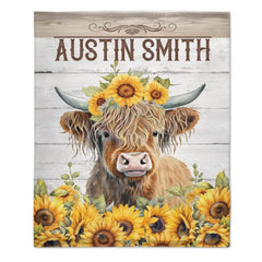 Personalized Name Sunflower Highland Cow Blanket - Gift For Baby Child Family Member