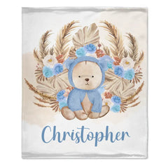 Personalized Bear Blanket With Yellow Leaves Background And Flowers