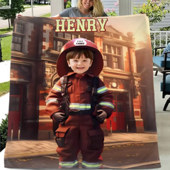 Custom Kids Gift Blanket With Photo Name, Personalized Firefighter Boy Blanket, Custom Boy Firefighter Gifts
