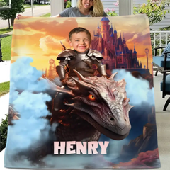 Custom Blankets Little Knight and Dragon Photo Gift, Boys Name Blanket
