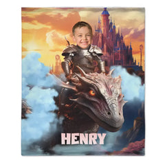 Custom Blankets Little Knight and Dragon Photo Gift, Boys Name Blanket
