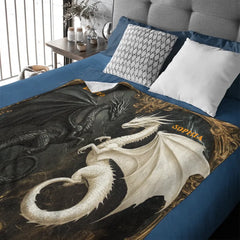 Customized Black and White Dinosaur Blanket - Personalized Name Dark Flannel Blanket - A Gift For Dinosaur Lovers