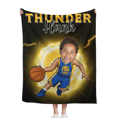Personalized Name Face Custom Cartoon NBA Blanket - Gift for Warriors Fans