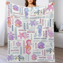Custom Name Underwater Seahorse Coral Pearl Baby Blanket