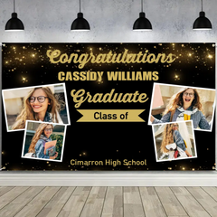 Personalized Graduation Party Banner | Gold 4-Photo Collage Class of 2025 | Custom Celebration Backdrop