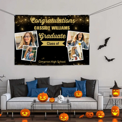 Personalized Graduation Party Banner | Gold 4-Photo Collage Class of 2025 | Custom Celebration Backdrop