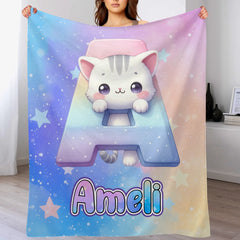 Custom Cat Blanket with Name - Personalized Kids Initial Throw - Gift for Daughter Son Birthday