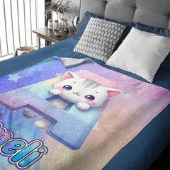 Custom Cat Blanket with Name - Personalized Kids Initial Throw - Gift for Daughter Son Birthday