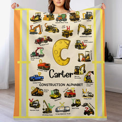Custom Construction Alphabet Blanket – Personalized Truck Learning Blanket – Gift for Kids & Toddlers