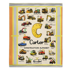 Custom Construction Alphabet Blanket – Personalized Truck Learning Blanket – Gift for Kids & Toddlers