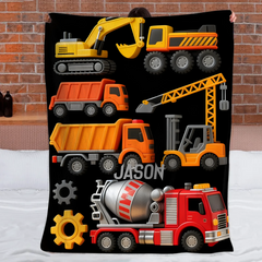 Custom Construction Vehicles Blanket – Personalized Construction Trucks Throw (Custom Name) – Gift for Kids & Toddlers