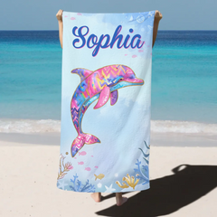 Custom Watercolor Sea Animals Towel – Personalized Cute Ocean-Themed Towel – Gift for Girls & Summer Vacations