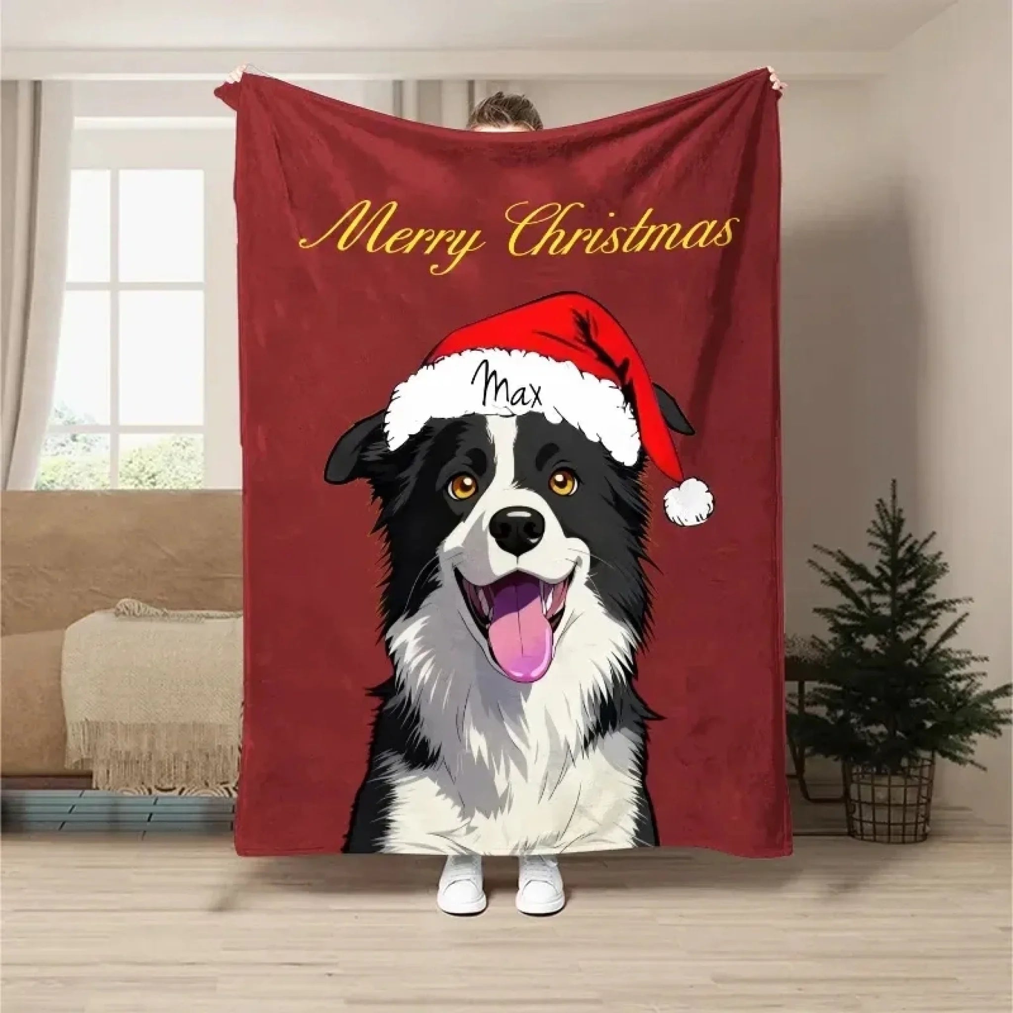Custom Pet Portrait Christmas Greeting Blanket, Photo Customized Personalized Pet Blanket