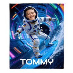 Custom Kids Astronaut Blanket – Personalized Space Surf Adventure Photo Blanket