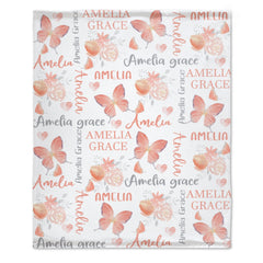 Livraison gratuite✈️Couverture personnalisée avec nom de bébé fille, motif floral corail papillon