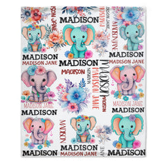 Personalized Flowers Elephant Baby Customized Name Blanket