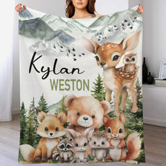 Personalized Baby Blanket | Woodland Animals & Forest Mountain Theme | Custom Name Keepsake