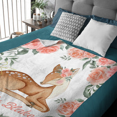 Personalized Girl Woodland Peach Floral Deer Baby Blanket