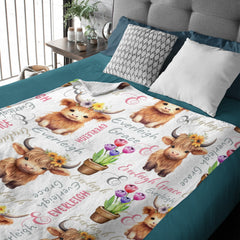Personalized Highland Cow Baby Blanket | Floral Cow & Tulip Design | Custom Name Nursery Gift