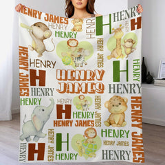Personalized Baby Blankets for Boys with Name,  Custom Animal - Gift Baby, Cute Monkey, Turtle, Lion And Elephant Jungle Blanket