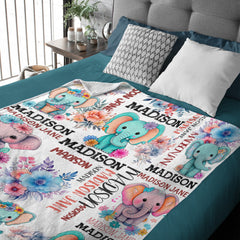Personalized Flowers Elephant Baby Customized Name Blanket