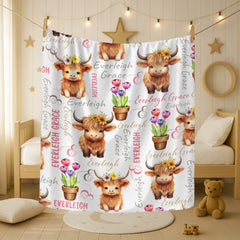 Personalized Highland Cow Baby Blanket | Floral Cow & Tulip Design | Custom Name Nursery Gift