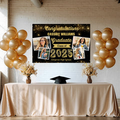 Personalized Graduation Party Banner | Gold 4-Photo Collage Class of 2025 | Custom Celebration Backdrop