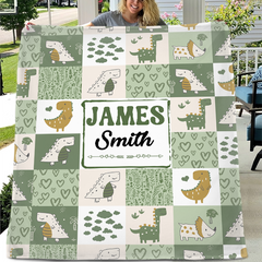 Personalized Green Purple Dinosaur Baby Blanket