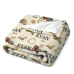 Personalized Cowboy Baby Blanket | Western Ranch Theme with Horses, Boots & Lassos | Custom Name Blanket