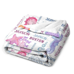 Custom Name Underwater Seahorse Coral Pearl Baby Blanket