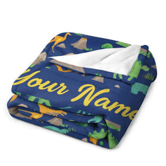 Personalized Custom Dark Blue Dinosaur Blanket for Kids - Boys Girls Baby Toddler Infants Blankets for Bed