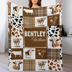 Personalized Cowboy Baby Blanket | Western Cow Print & Plaid Design | Custom Name Baby Gift