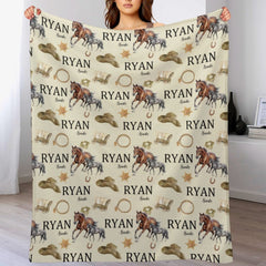 Personalized Cowboy Baby Blanket | Western Ranch Theme with Horses, Boots & Lassos | Custom Name Blanket