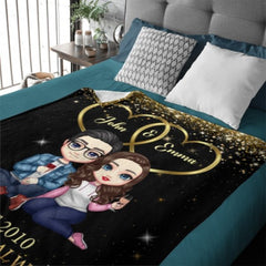 Doll Couple Sitting Gift For Him For Her Personalized Fleece Blanket - Lovscape