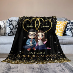 Doll Couple Sitting Gift For Him For Her Personalized Fleece Blanket - Lovscape
