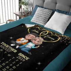 Doll Couple Sitting Together Since Anniversary Date Calendar Personalized Fleece Blanket - Anniversary Gift For Couple - Gift For Him, Gift For Her - Lovscape