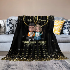 Doll Couple Sitting Together Since Anniversary Date Calendar Personalized Fleece Blanket - Anniversary Gift For Couple - Gift For Him, Gift For Her - Lovscape